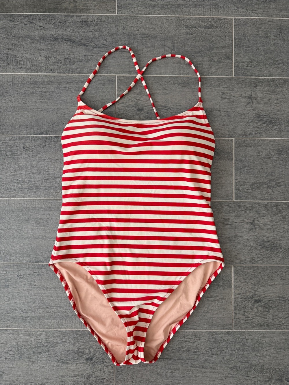 J. Crew Red and White Striped One-Piece Swimsuit with Crisscross Straps